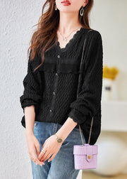 French Black V Neck Wrinkled Patchwork Chiffon Top Fall