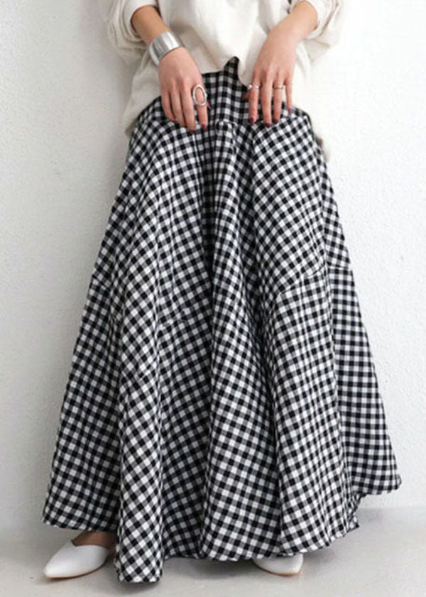 French Black White Plaid Wrinkled Patchwork Cotton Skirts Summer