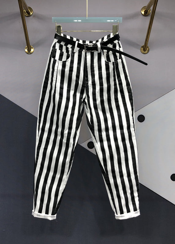 French Black White Striped Pockets Patchwork Denim Pants Fall