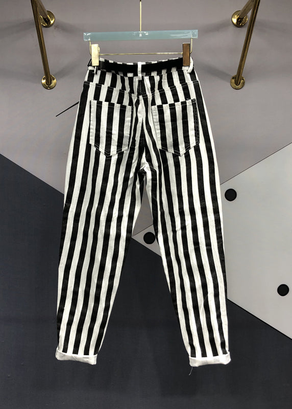 French Black White Striped Pockets Patchwork Denim Pants Fall