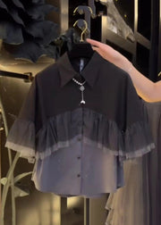 French Black Wrinkled Button Tulle Patchwork Shirt Summer