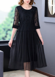 French Black Wrinkled Lace Up Chiffon Long Dress Half Sleeve