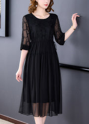 French Black Wrinkled Lace Up Chiffon Long Dress Half Sleeve