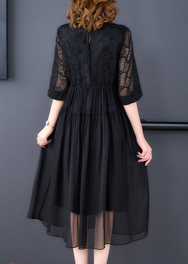 French Black Wrinkled Lace Up Chiffon Long Dress Half Sleeve