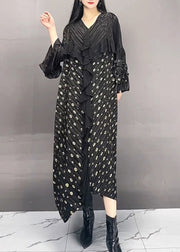 French Black Wrinkled Print Patchwork Cotton Long Dress Spring