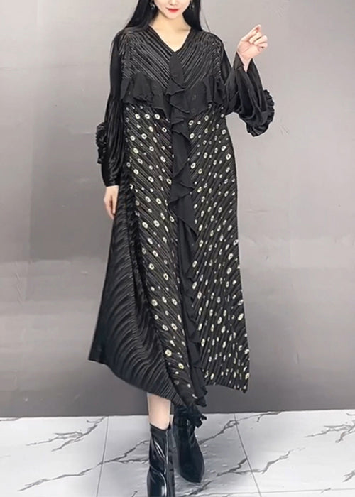 French Black Wrinkled Print Patchwork Cotton Long Dress Spring