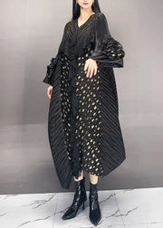 French Black Wrinkled Print Patchwork Cotton Long Dress Spring