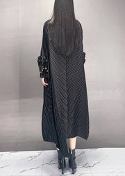 French Black Wrinkled Print Patchwork Cotton Long Dress Fall