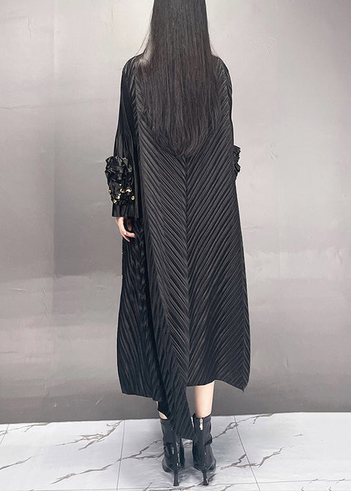 French Black Wrinkled Print Patchwork Cotton Long Dress Spring