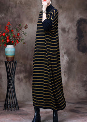 French Black Yellow Striped Turtle Neck Knit Long Dress Batwing Sleeve