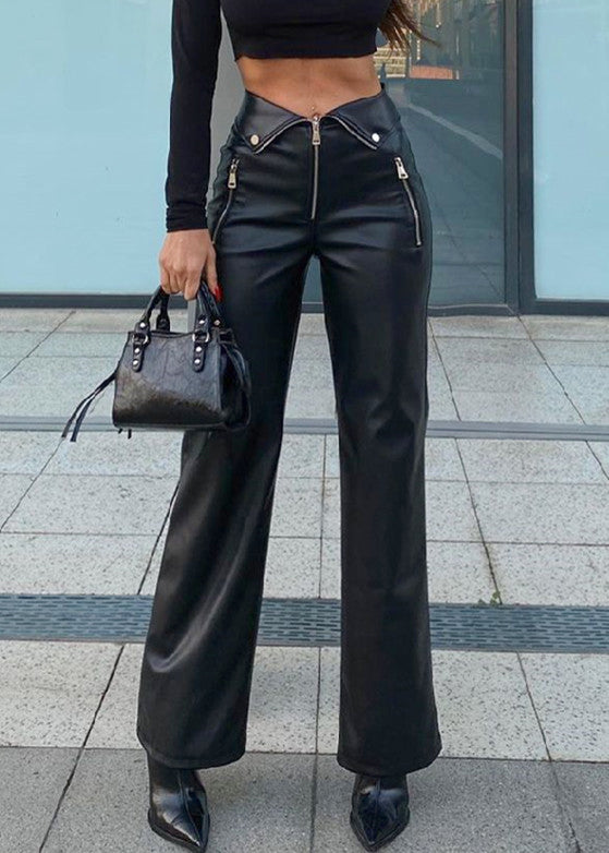 French Black Zip Up High Waist Faux Leather Pants Spring