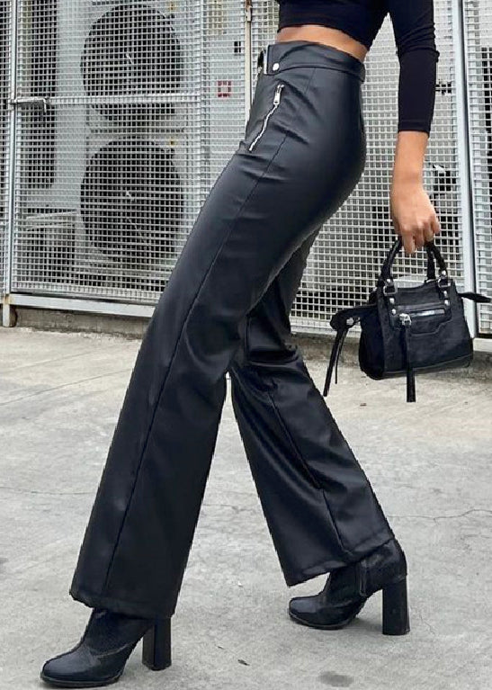 French Black Zip Up High Waist Faux Leather Pants Spring