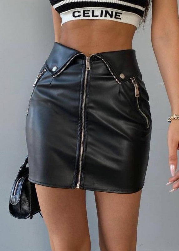 French Black Zip Up High Waist Faux Leather Skirt Spring