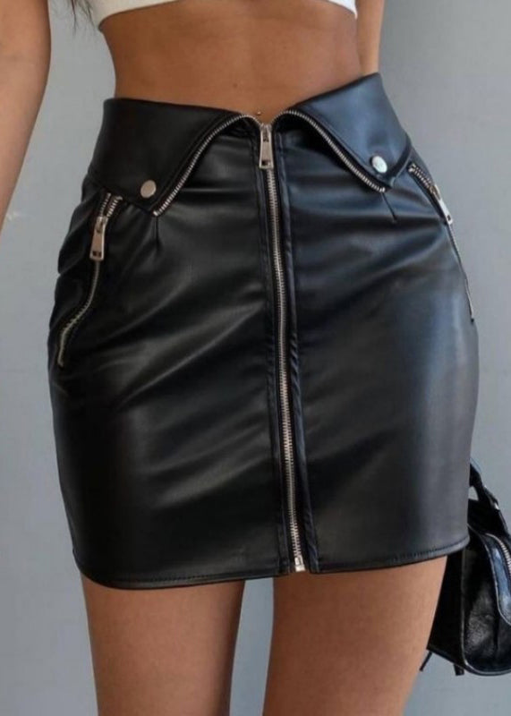 French Black Zip Up High Waist Faux Leather Skirt Spring