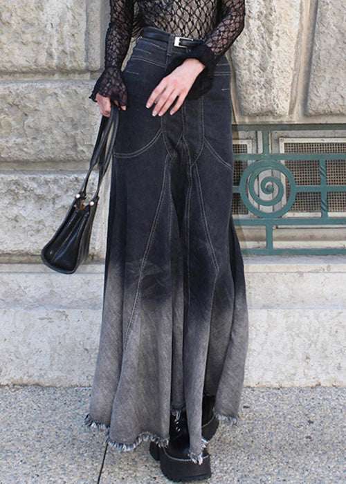 French Black Zippered High Waist Denim Fishtail Skirt Fall