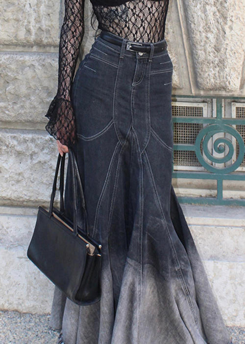French Black Zippered High Waist Denim Fishtail Skirt Fall