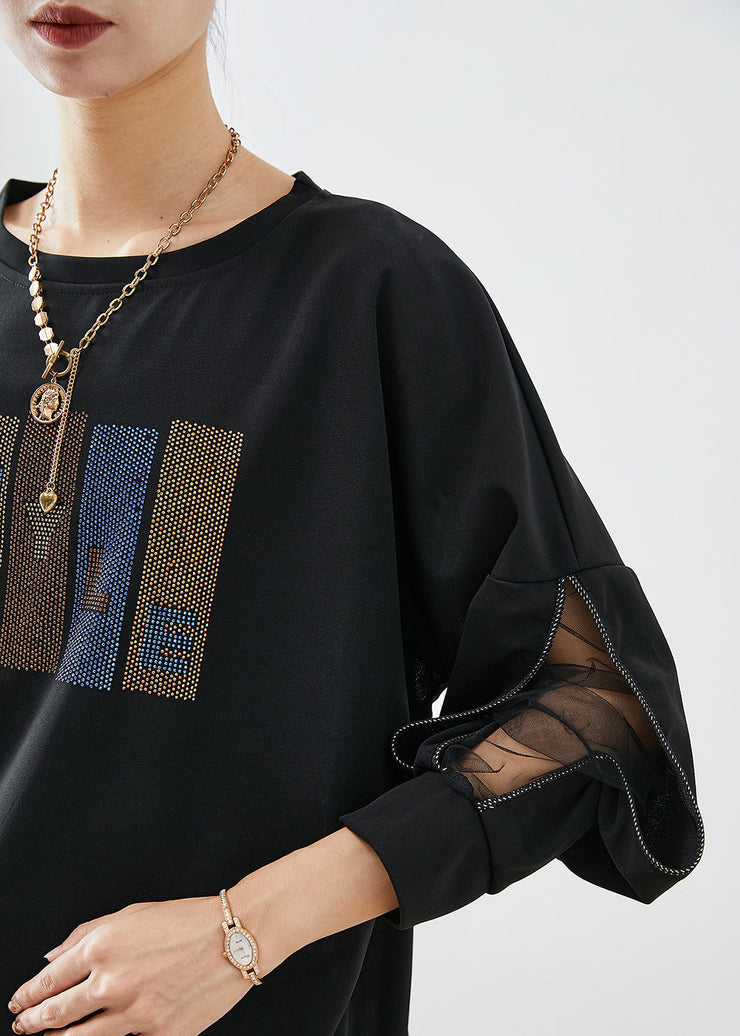 French Black Zircon Patchwork Cotton Sweatshirt Tops Fall