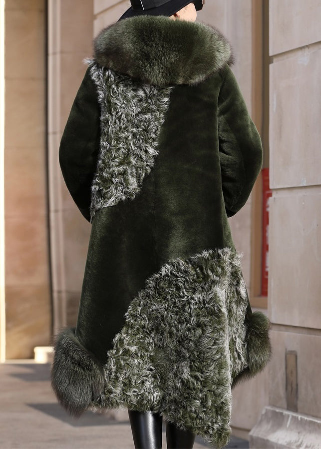 French Blackish Green Asymmetrical Fox Collar Patchwork Leather And Fur Coats Winter