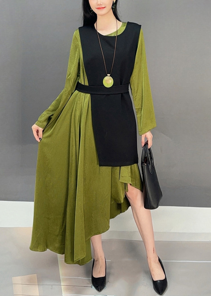 French Blackish Green Asymmetrical Solid Cotton Two-Piece Set Fall