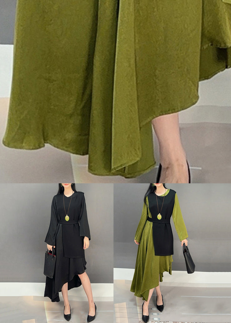 French Blackish Green Asymmetrical Solid Cotton Two-Piece Set Fall