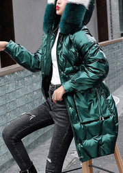 French Blackish Green Fur Collar Drawstring Duck Down Coat Winter