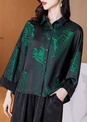 French Blackish Green Peter Pan Collar Print Patchwork Silk Shirts Long Sleeve