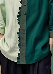 French Blackish Green V Neck Button Patchwork Cotton Top Bracelet Sleeve