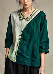French Blackish Green V Neck Patchwork Cotton T Shirt Bracelet Sleeve