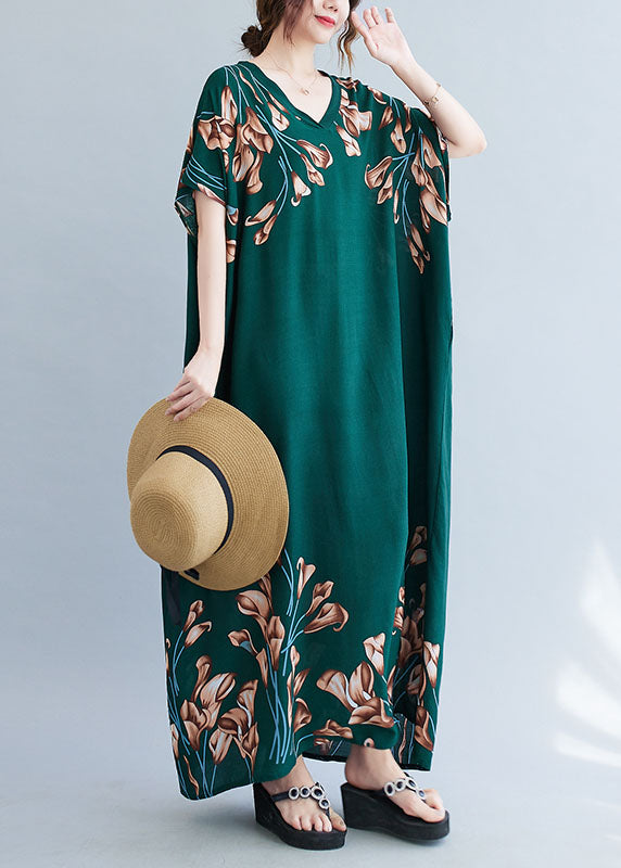 French Blackish Green V Neck Print Cotton Loose Maxi Dress Batwing Sleeve