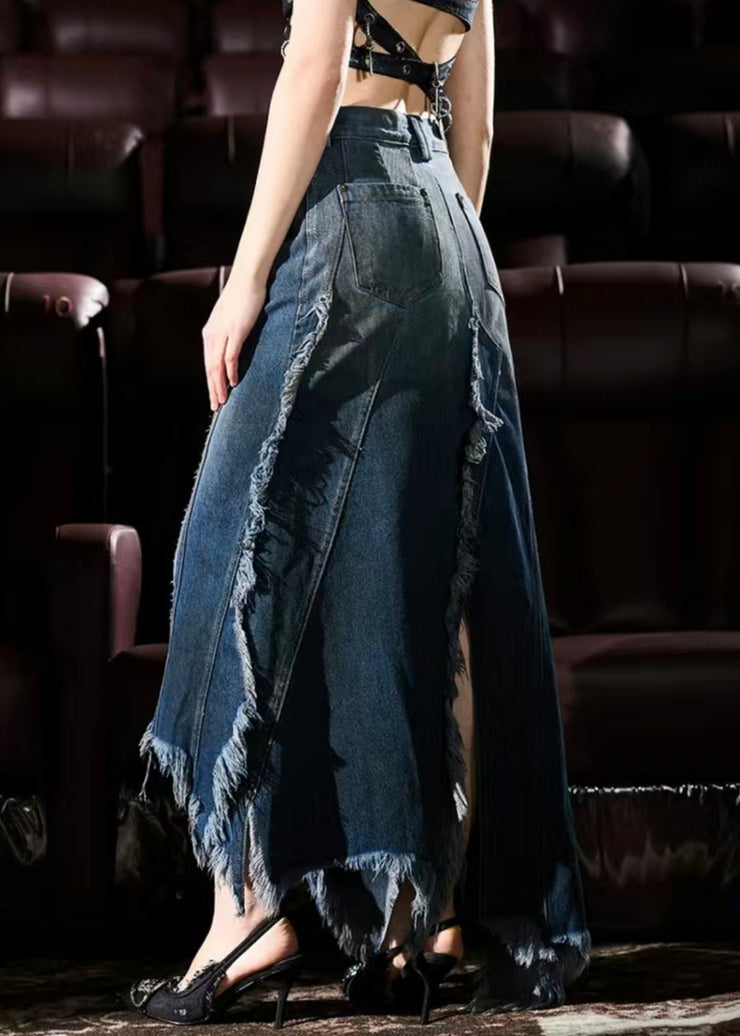 French Blue Asymmetrical Design Tasseled Denim Skirt Summer