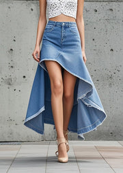 French Blue Asymmetrical Exra Large Hem Denim Skirt Spring