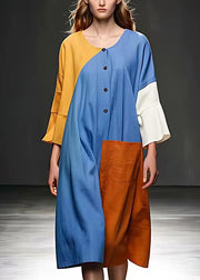 French Blue Asymmetrical Patchwork Cotton Maxi Dresses Summer