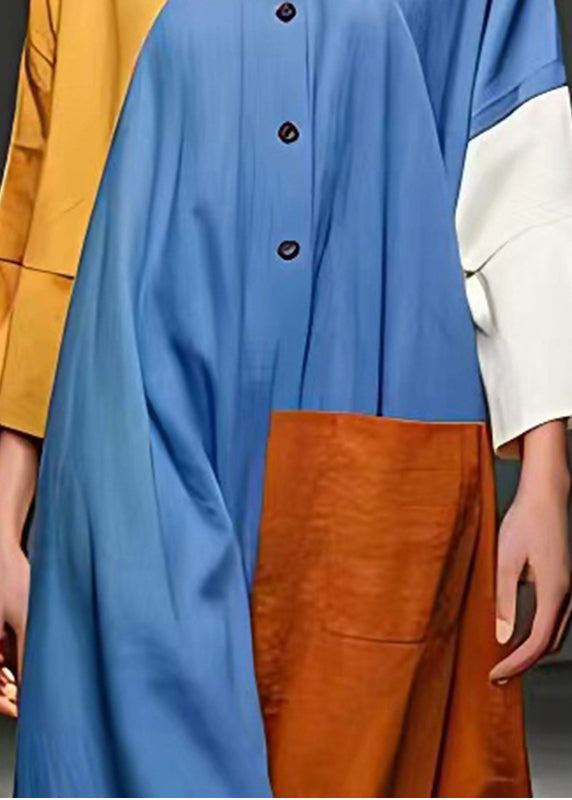 French Blue Asymmetrical Patchwork Cotton Maxi Dresses Summer