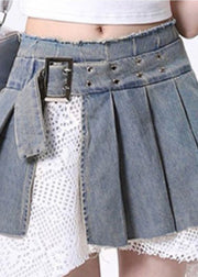 French Blue Asymmetrical Patchwork Lace Denim Skirts Summer