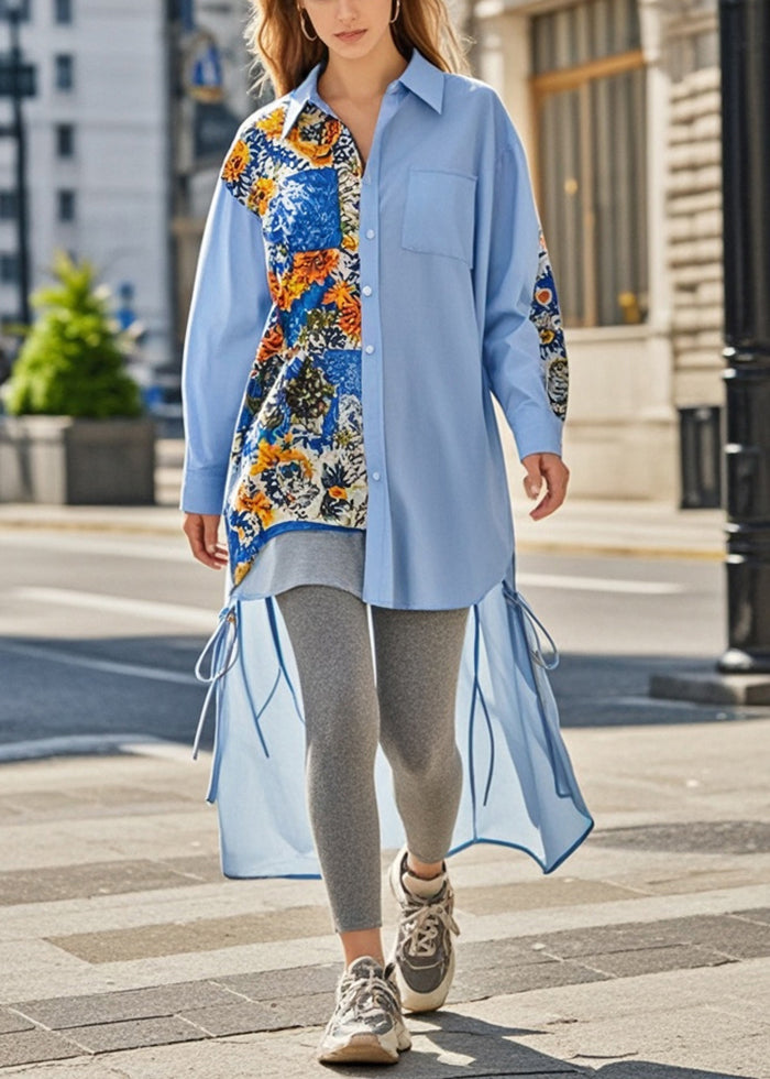 French Blue Asymmetrical Print Cotton Shirt Dress Spring