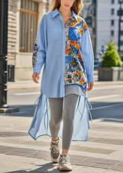 French Blue Asymmetrical Print Cotton Shirt Dress Spring