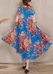 French Blue Asymmetrical Print Patchwork Cotton Dresses Summer