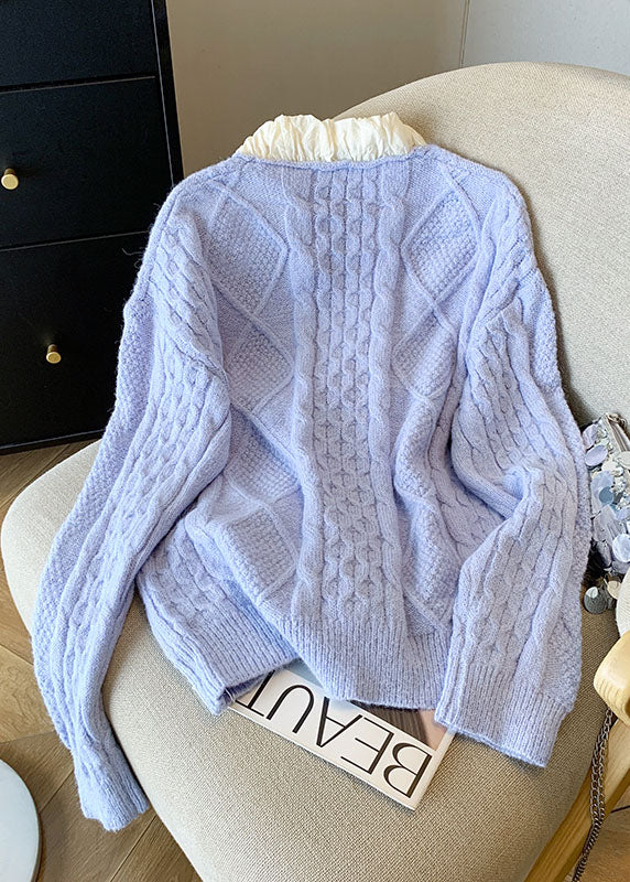 French Blue Bow Patchwork Knit Sweaters Tops Fall