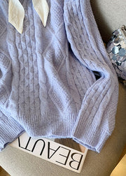 French Blue Bow Patchwork Knit Sweaters Tops Fall