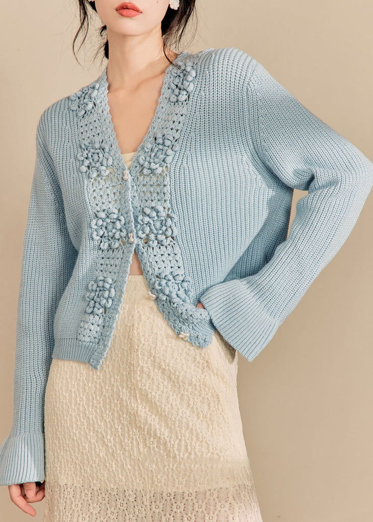 French Blue Button Hollow Out Knit Sweaters Flare Sleeve