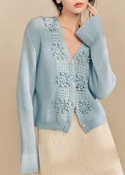 French Blue Button Hollow Out Knit Sweaters Flare Sleeve