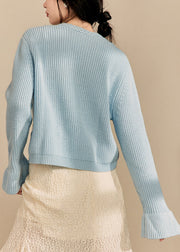 French Blue Button Hollow Out Knit Sweaters Flare Sleeve