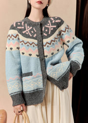 French Blue Button Patchwork Knit Cardigans Winter