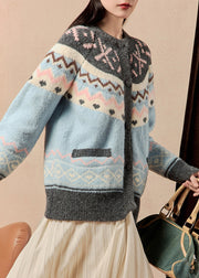 French Blue Button Patchwork Knit Cardigans Winter