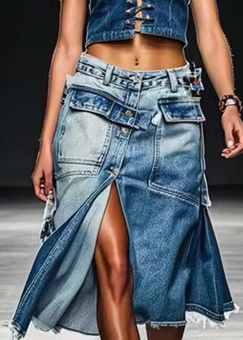 French Blue Button Pockets Front Open Denim Skirt Summer