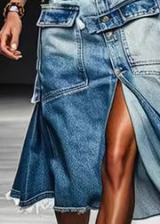 French Blue Button Pockets Front Open Denim Skirt Summer
