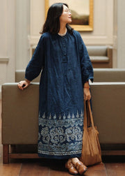 French Blue Button Print Maxi Dresses Long Sleeve