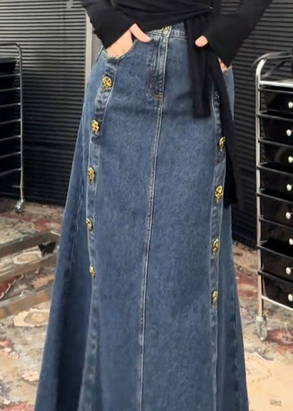 French Blue Button Side Open Denim Skirts Spring