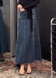 French Blue Button Side Open Denim Skirts Spring