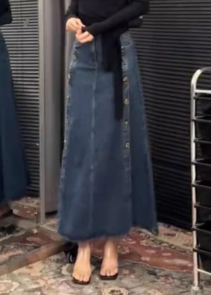 French Blue Button Side Open Denim Skirts Spring